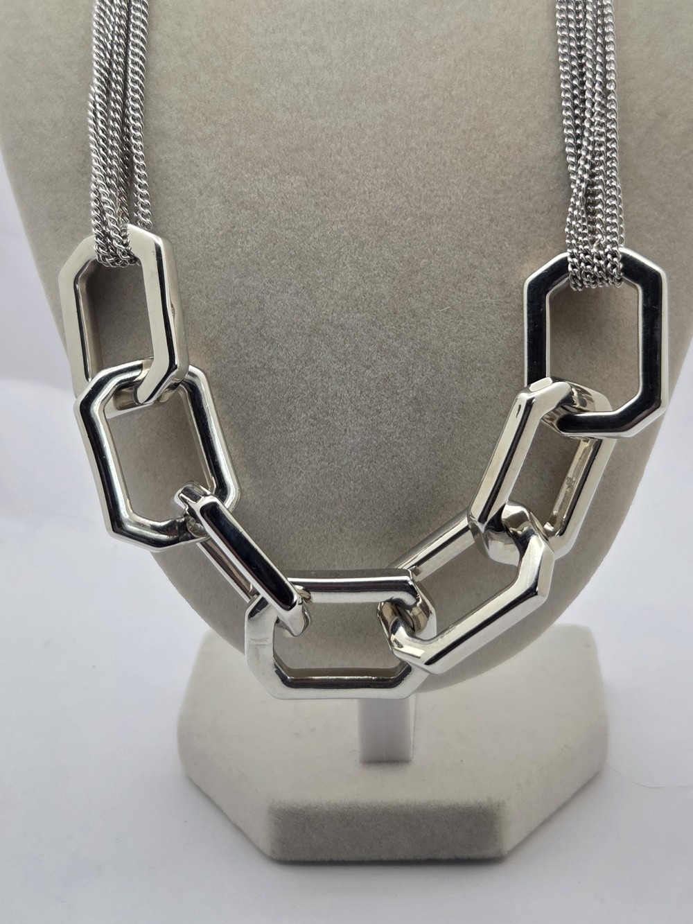 ALFANI Silver Tone Multi-Strand & Chunky Hexagon Link Statement Necklace 18.5-20